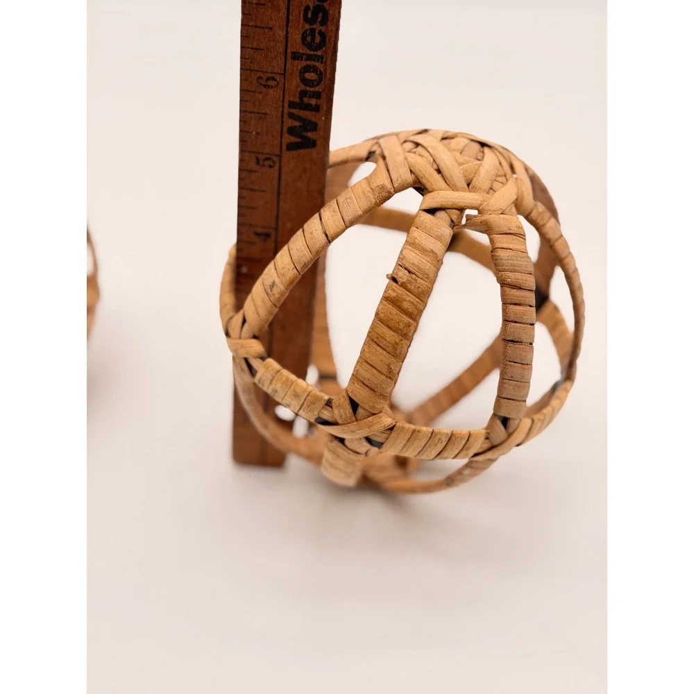 Set of 2 Woven Rattan Decorative Spheres Natural Wicker Orb Bowl Fillers Boho